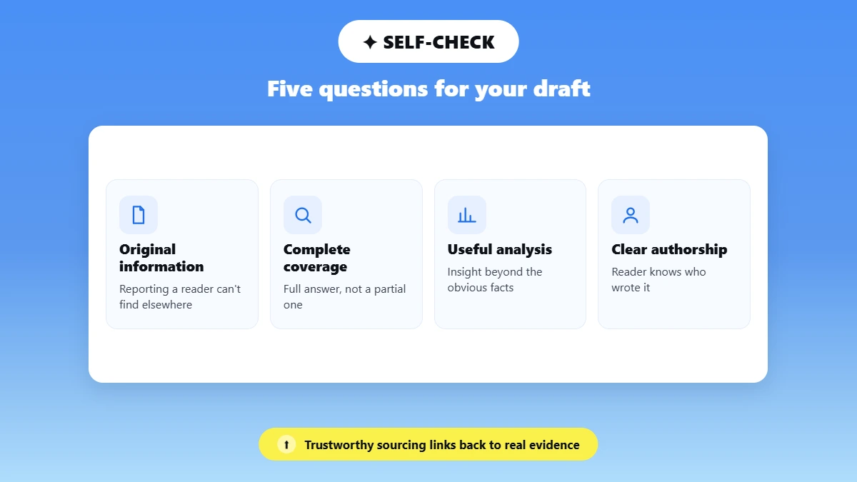 Four icon tiles listing self-assessment traits of good SEO content