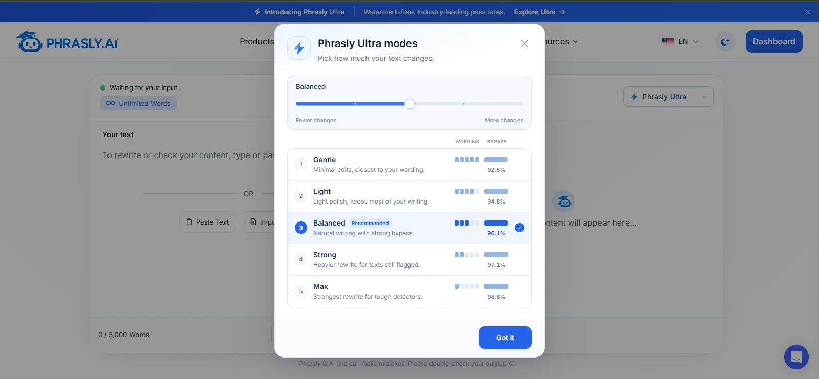 Phrasly Ultra modes panel in the Phrasly AI Humanizer with a slider from fewer to more changes. It lists five modes with wording and bypass scores: Gentle 92.5%, Light 94.8%, Balanced 96.1% (recommended and selected), Strong 97.1%, and Max 98.8%.