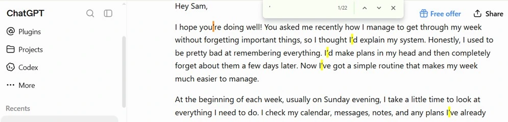 ChatGPT answering a conversational prompt with twenty-two contractions