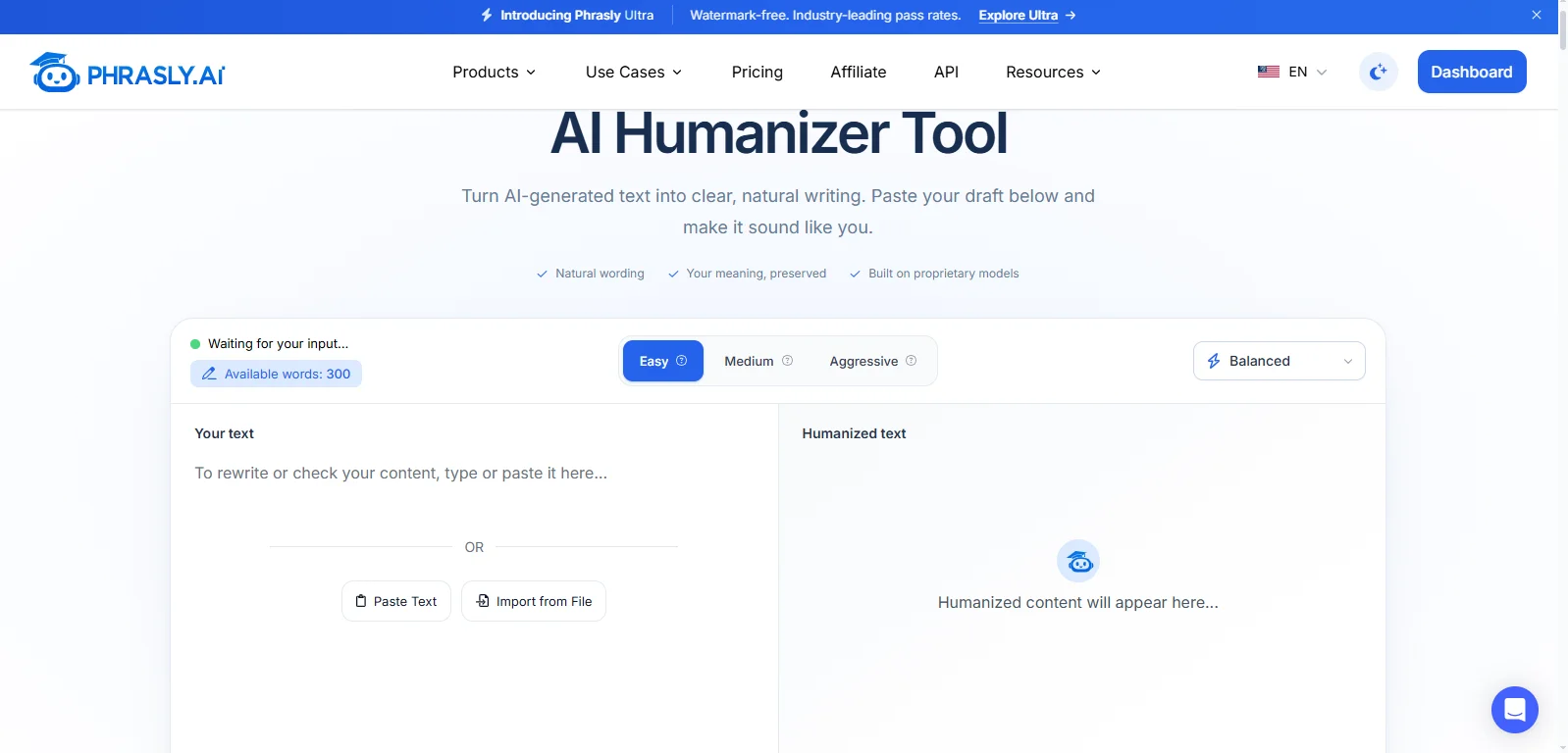 Phrasly AI Humanizer on a free account showing the standard Balanced model selected, Easy chosen from the Easy, Medium, and Aggressive rewrite levels, and 300 available words.