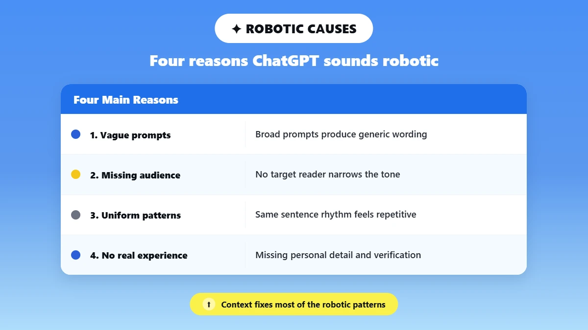 Workflow of four reasons ChatGPT writing sounds robotic