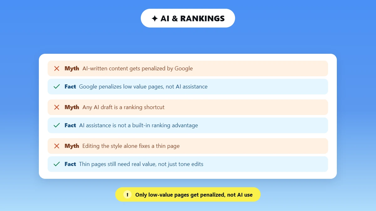 Three myths about AI and Google rankings paired with corrected facts