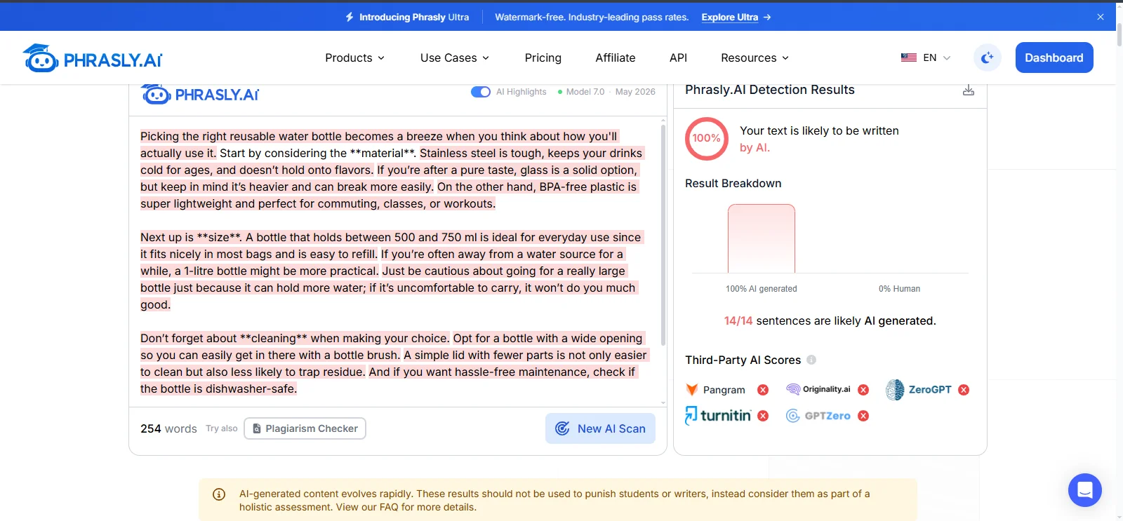 Phrasly AI Detector 100 percent AI result for Ahrefs humanized SEO blog sample