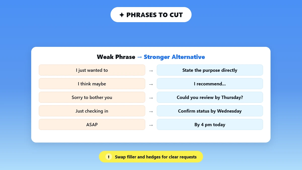 Table swapping weak email phrases for stronger alternatives
