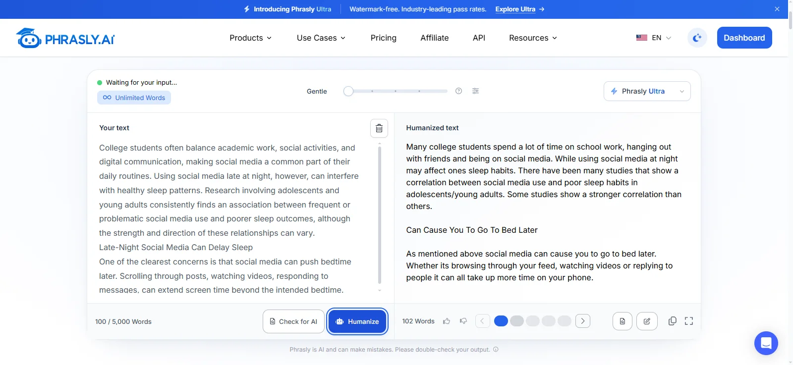 Phrasly AI Humanizer with Phrasly Ultra set to Gentle, showing a 100-word source passage about college students, social media, and sleep, including a subheading, beside its 102-word rewrite.