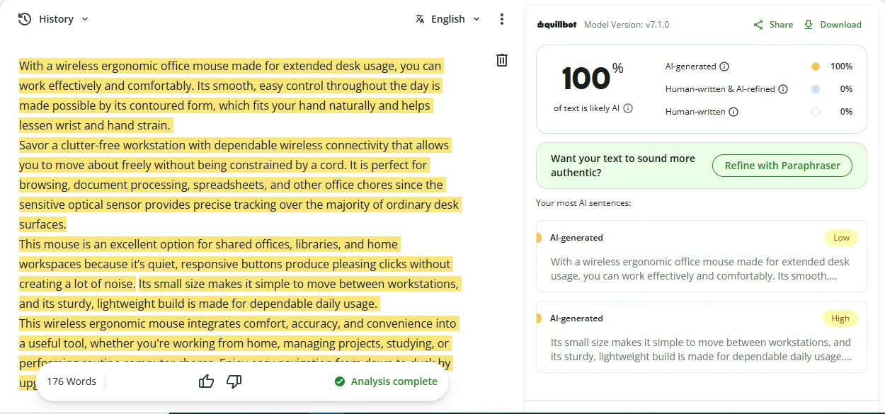 Sample 1 AI + Paraphrase Result QuillBot