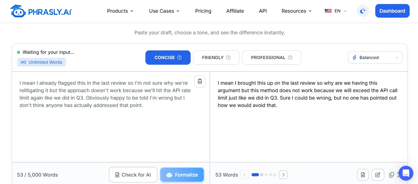 Phrasly Formalizer rewriting a defensive disagreement on the Concise setting, with no change in word count.