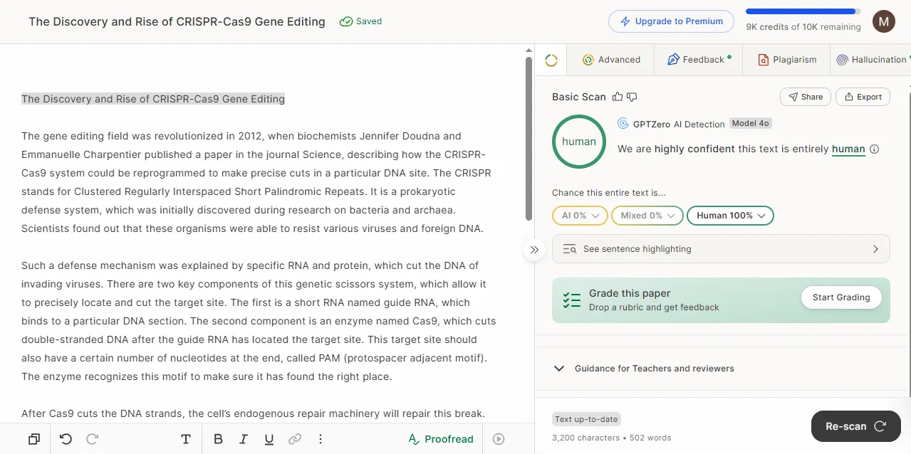 GPTZero Basic Scan rating Clever's rewritten CRISPR sample 100% human