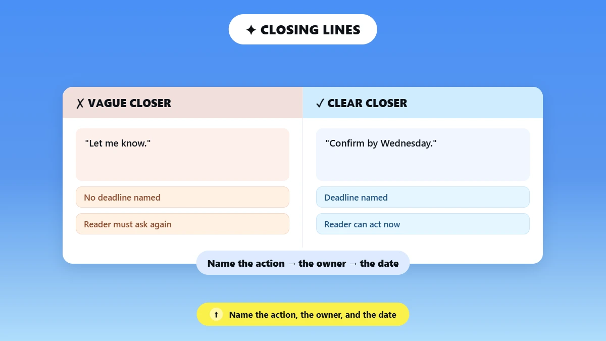 Vague email closer versus clear closer with named deadline compared