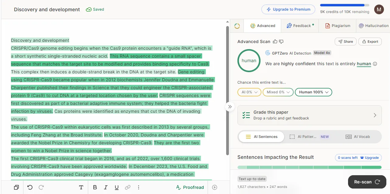 GPTZero Advanced Scan rating Phrasly's rewritten CRISPR sample 100% human