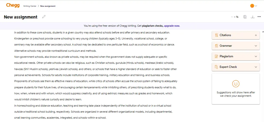 Chegg plagiarism checker with a test passage pasted before the scan