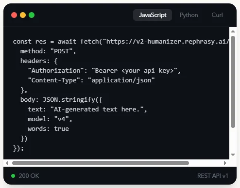 Rephrasy API code example showing a JavaScript POST request with a Bearer token, JSON body and a 200 OK response.