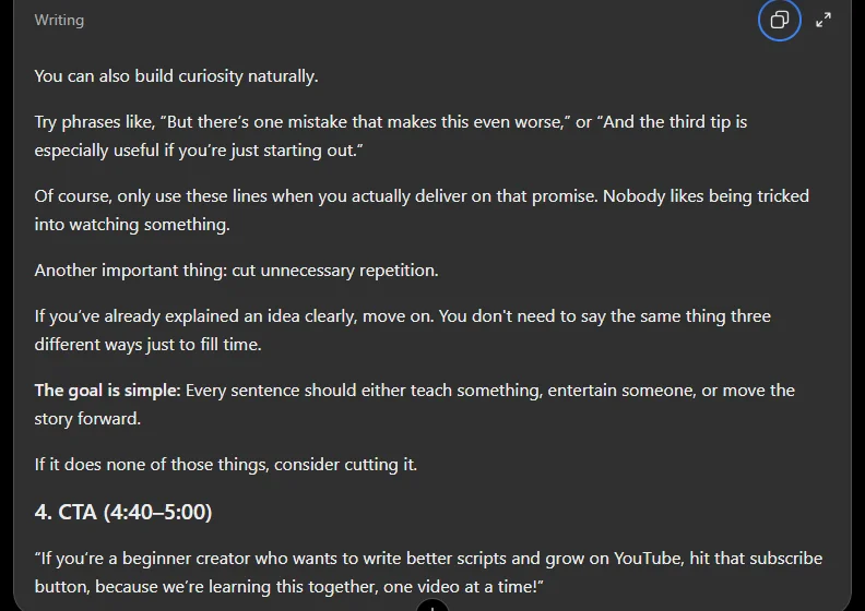how to write a youtube script, ChatGPT output showing the third body point and a one-sentence subscribe CTA