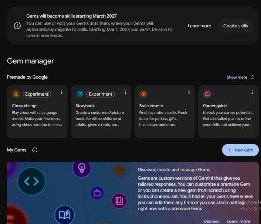 Gemini Prompt Generator guide: Gemini Gem manager with the banner Gems will become skills starting March 2027