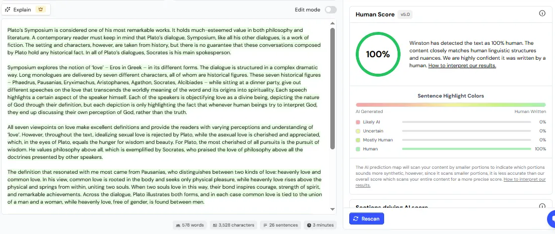 Winston AI shows a 100% human score for the test essay