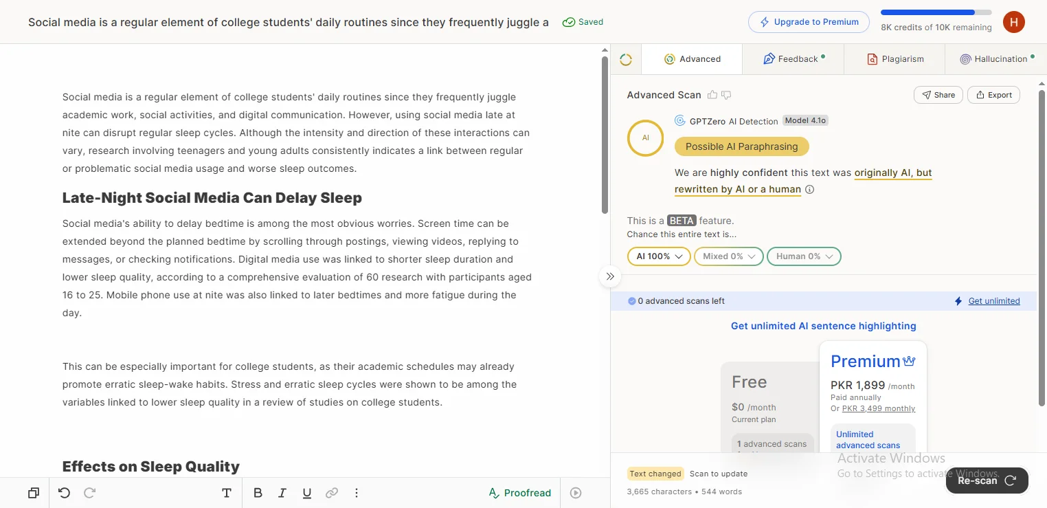 can ai detectors detect paraphrased text, GPTZero showing 100% AI and Possible AI Paraphrasing for the paraphrased sample