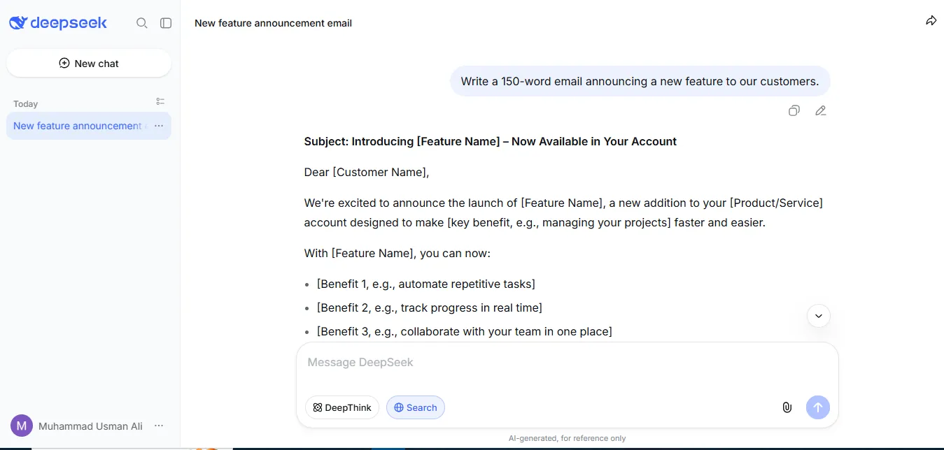 DeepSeek's website: the visible label “AI-generated, for reference only” sits below the message box, outside the answer. Tested October 22, 2026.