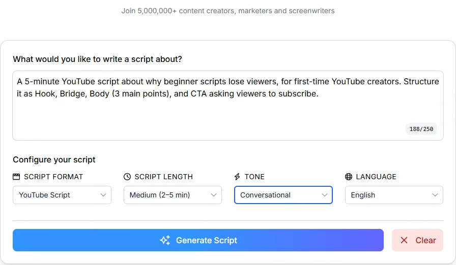 how to write a youtube script, Phrasly AI Script Generator settings with YouTube Script format, Medium length and Conversational tone