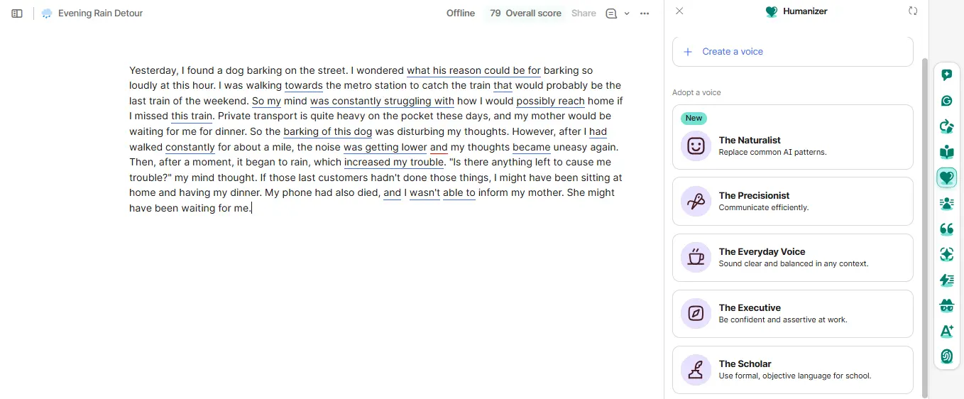 Grammarly Humanizer agent panel listing five preset voices next to a document