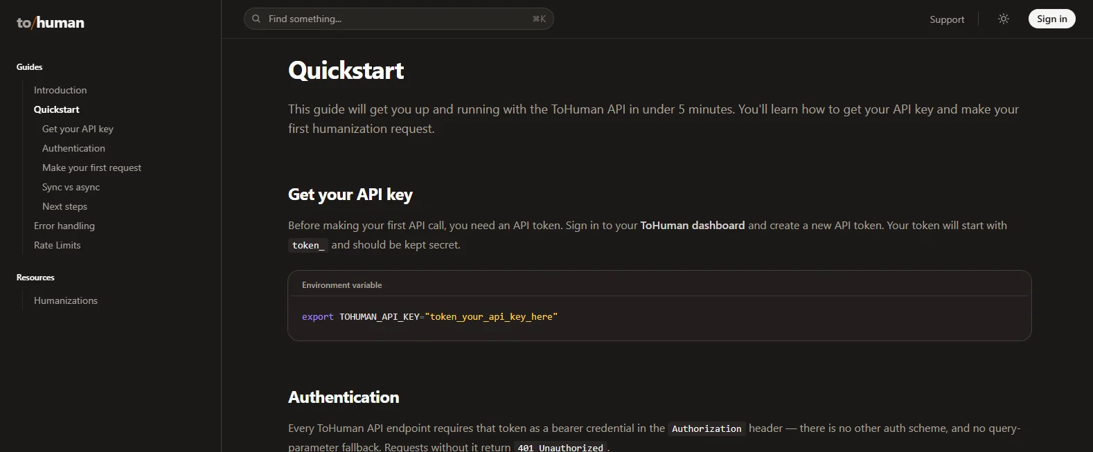 ToHuman API Quickstart page showing how to get an API key, set it as an environment variable, and authenticate with a bearer token, with a sidebar that includes Sync vs async.