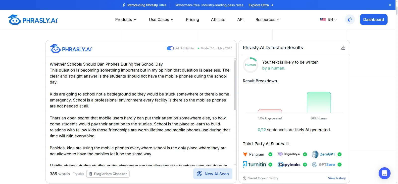 Phrasly AI Detector scan of a 385-word human-written essay on school phone bans, rated likely written by a human at 86% human and 14% AI, with 0 of 12 sentences flagged.