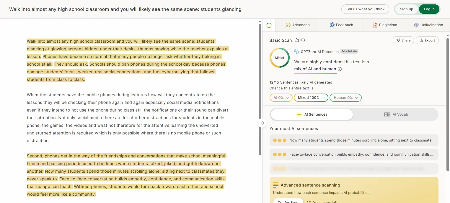 GPTZero scan of a partly rewritten Claude essay rated a mix of AI and human, 12 of 15 sentences likely AI, with paragraphs 1 and 3 highlighted and hand-rewritten paragraph 2 unhighlighted.