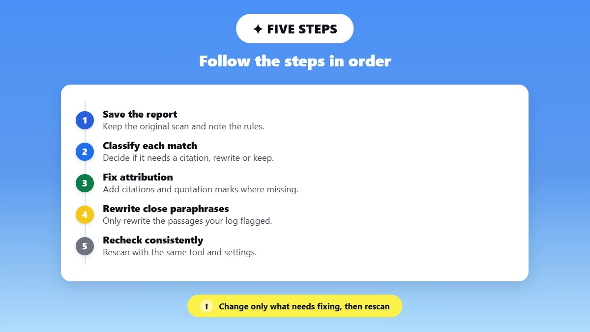 Five steps to lower a similarity score: save the report, classify matches, fix attribution, rewrite close paraphrases and recheck.