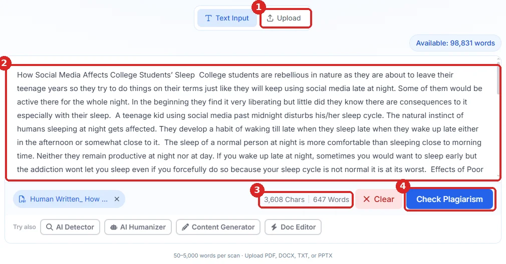 Phrasly Plagiarism Checker after a PDF upload, with the Upload option, extracted text, word counter and Check Plagiarism button marked.