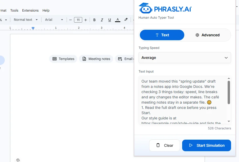 Phrasly Human Auto Typer panel with the test passage loaded over a blank Google Doc