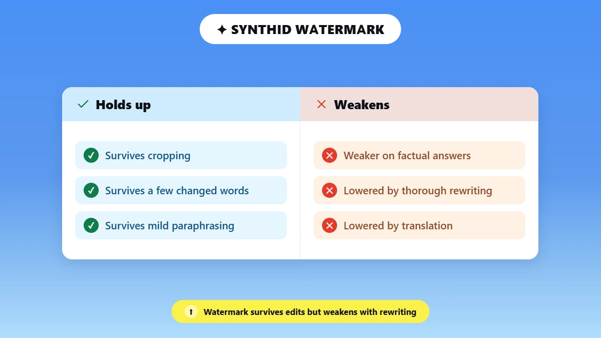 Pros and cons of Google's SynthID text watermark durability