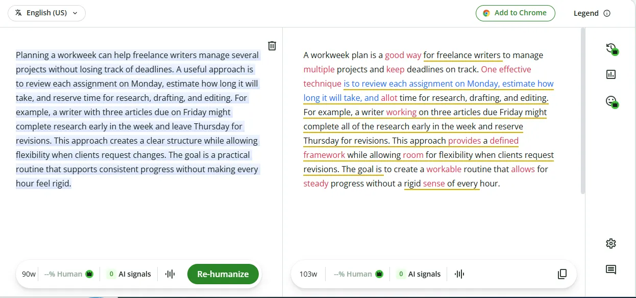 QuillBot AI Humanizer (free): original on the left, first rewrite on the right. Tested October 18, 2026.