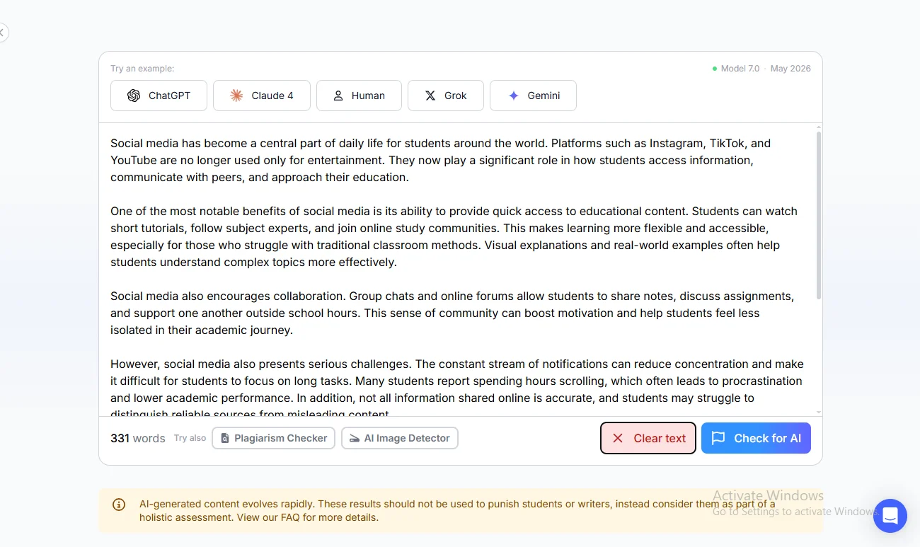 Phrasly AI Detector with the 331-word test essay pasted in, showing Model 7.0, May 2026 and the Check for AI button.