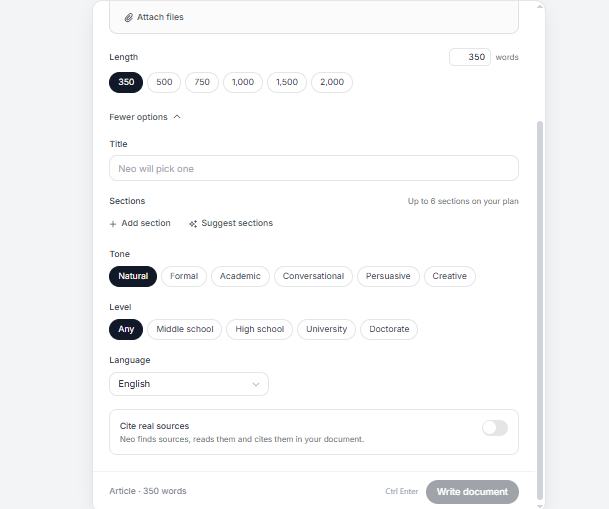 Phrasly AI Writer settings showing tone, reading level, language, and the Cite real sources toggle