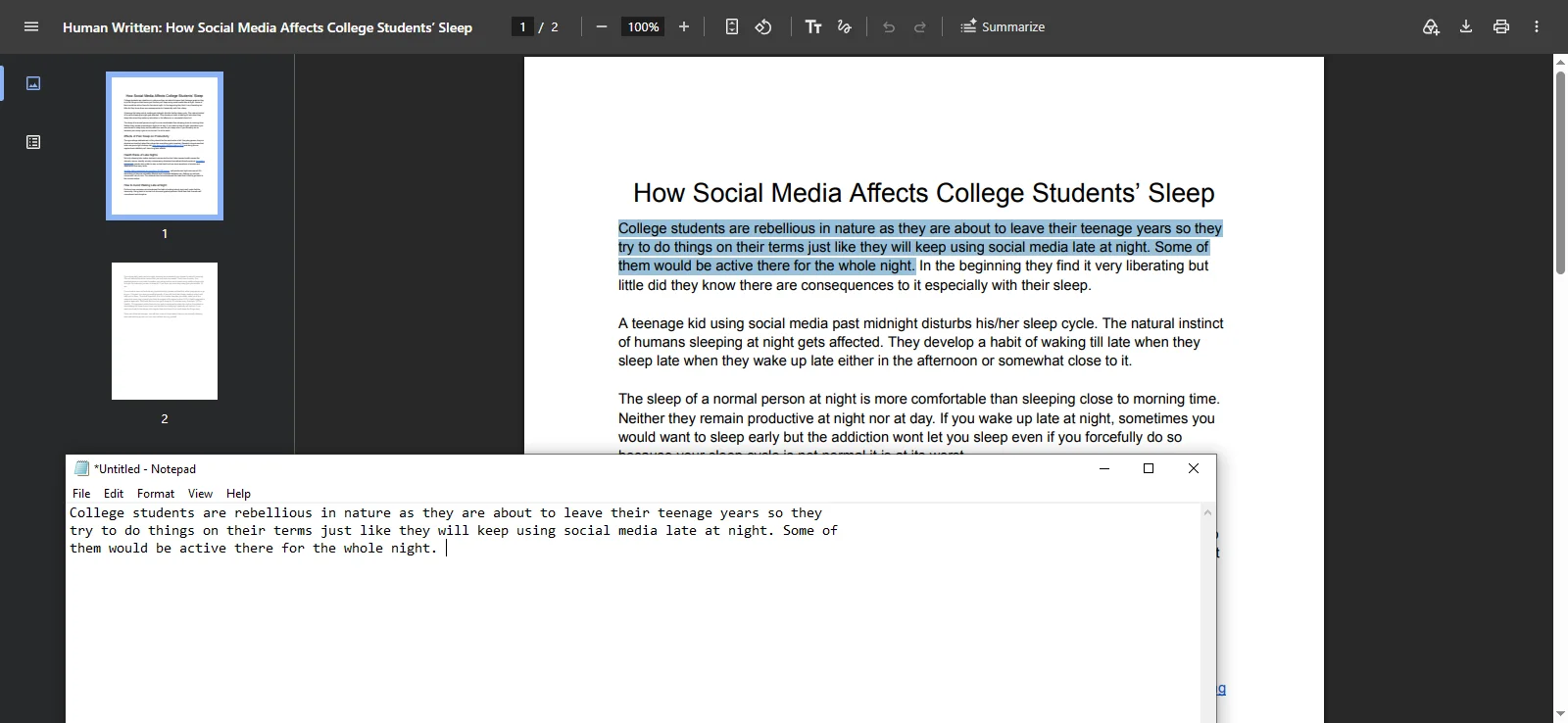 Selecting a sentence in a PDF and pasting it into Notepad to confirm the text can be copied.