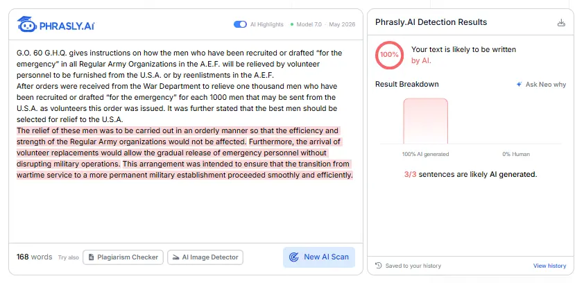 Turnitin vs GPTZero test: Phrasly AI Detector highlights the 3 ChatGPT sentences in the mixed sample