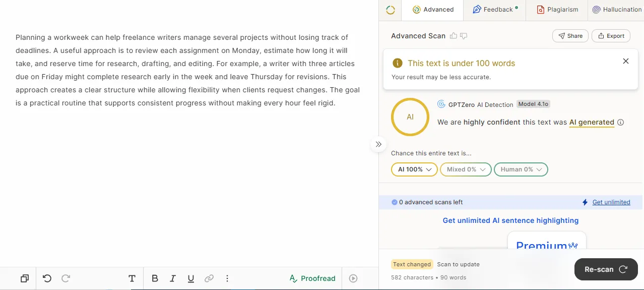 GPTZero, original: AI 100%. Tested October 18, 2026.