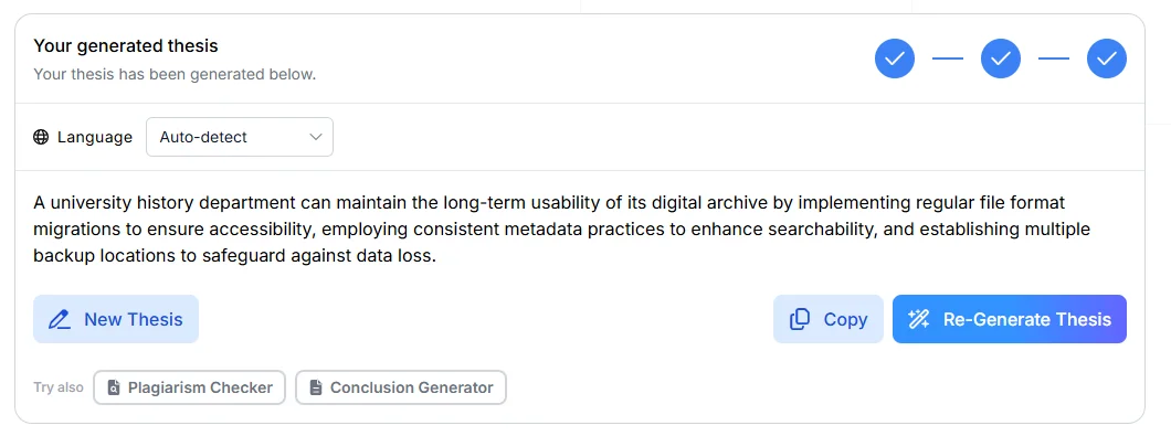 Thesis generator output arguing that a university history department can keep its digital archive usable through file format migrations, consistent metadata and multiple backups.