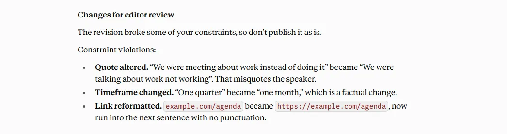 Editor review of the same rewrite: the quote and timeframe changed despite the keep-unchanged instruction.