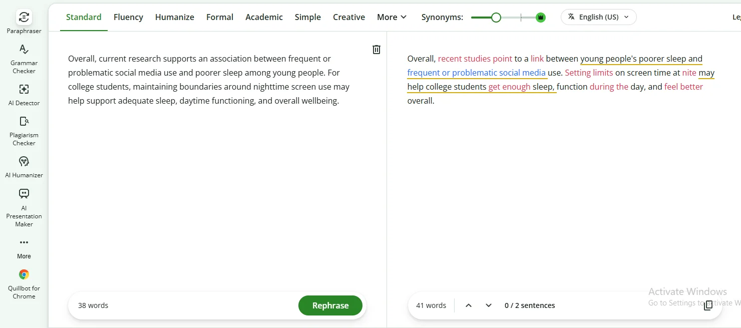 can ai detectors detect paraphrased text, QuillBot Standard mode rewriting the last paragraph of the raw AI sample, with nighttime changed to nite