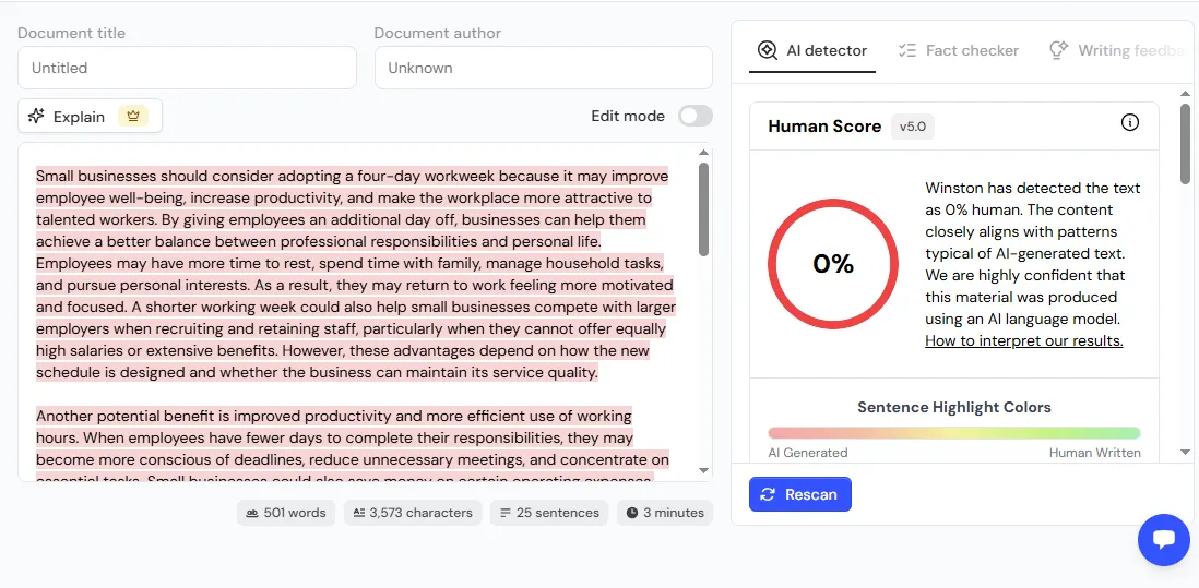 Winston AI, AI sample (A1): 0% Human Score. Tested October 11, 2026.