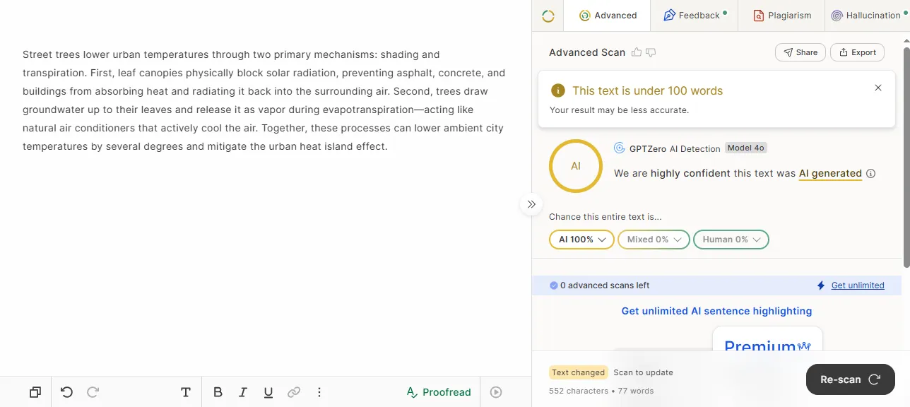 S4 in GPTZero: AI 100%, with an under-100-words accuracy warning.