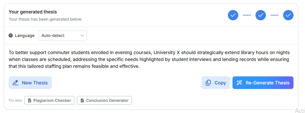 Thesis generator output recommending that University X extend library hours on nights with scheduled classes to support evening commuter students.