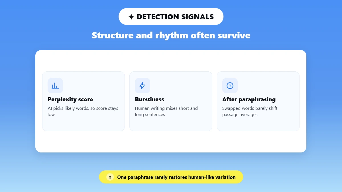 can ai detectors detect paraphrased text, infographic of three detection signals: perplexity score stays low because AI picks likely words, burstiness reflects how human writing mixes short and long sentences, and swapped words barely shift passage averages after paraphrasing