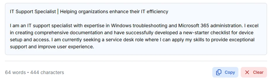 Phrasly AI Bio Generator result for a fictional IT support specialist, showing a headline and a three-sentence About section of 444 characters, tested October 13, 2026.
