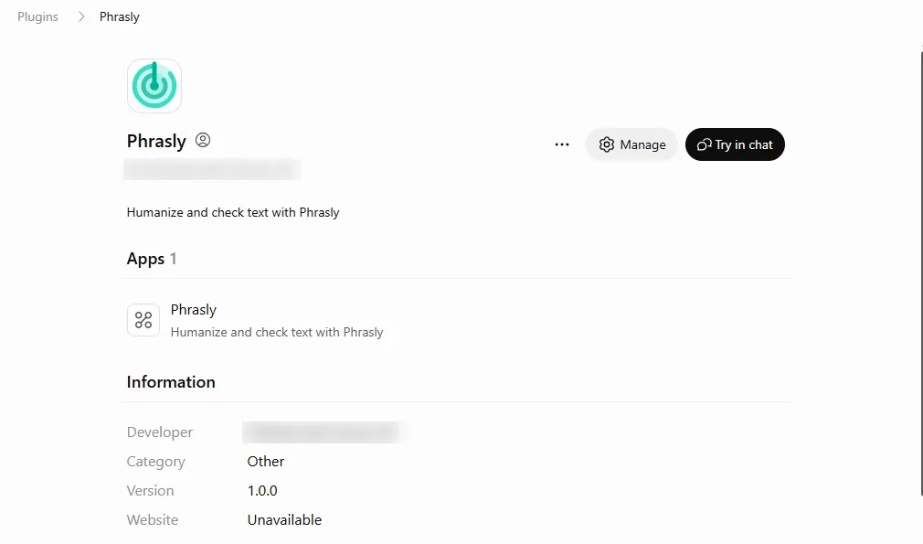 Phrasly's plugin page in ChatGPT after setup, with Manage and Try in chat. Tested October 14, 2026.