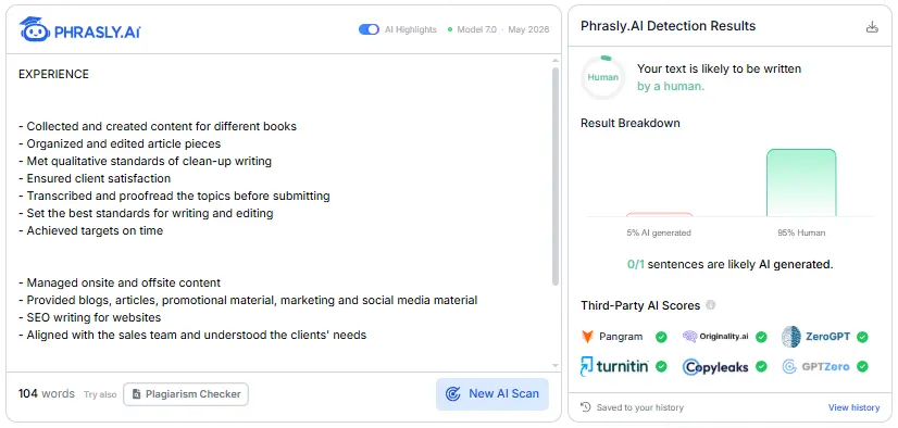 Phrasly AI Detector scores human-written resume bullets as likely human at 95% human; the score estimates writing patterns and cannot prove who wrote the text.