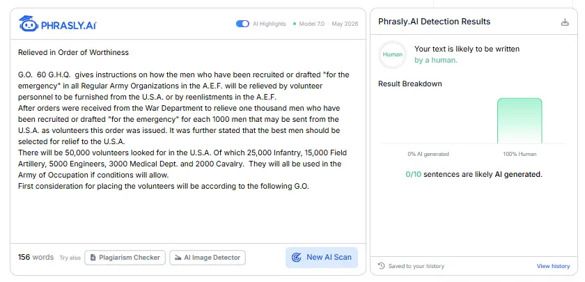 Turnitin vs GPTZero test: Phrasly AI Detector scores the human sample 0% AI