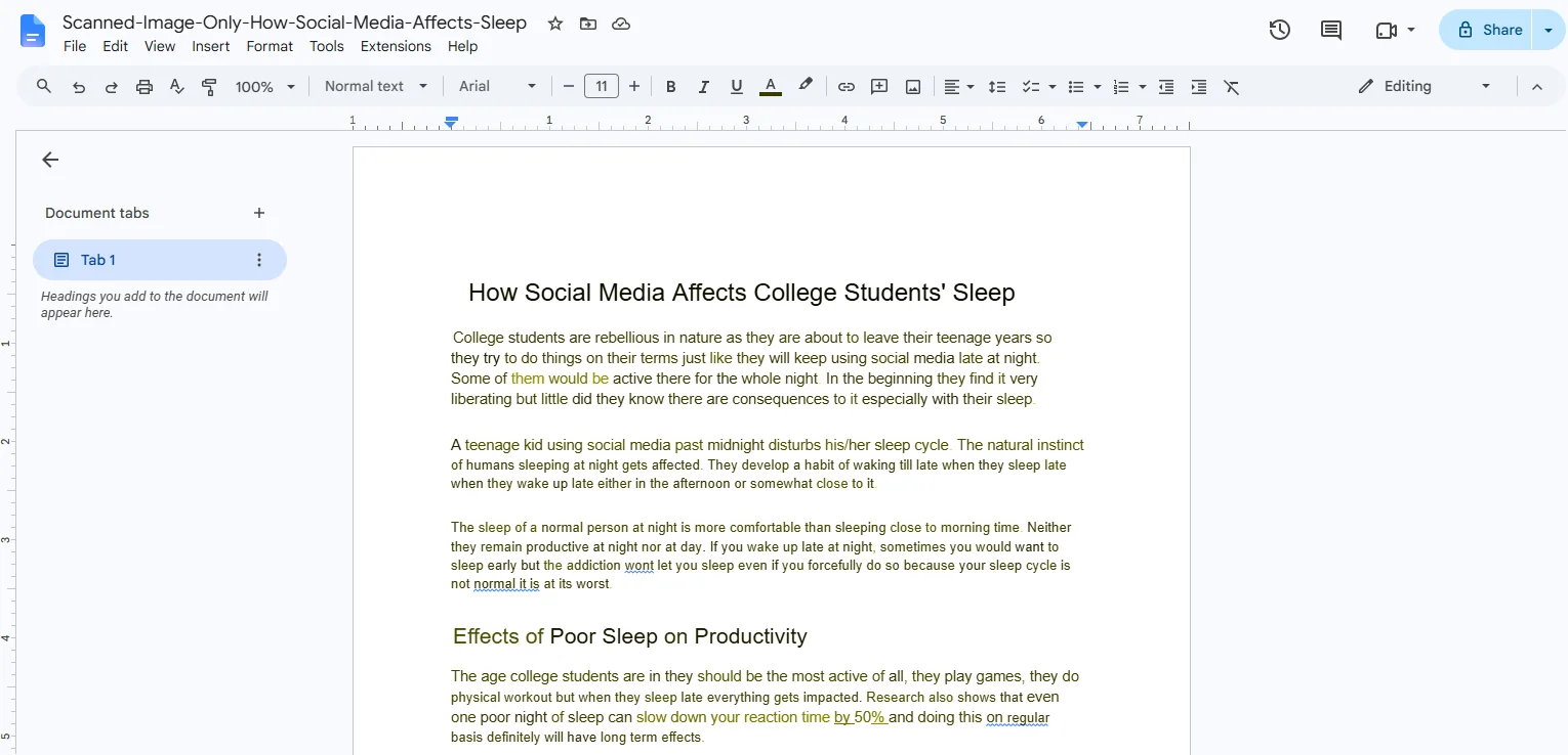 Google Docs showing editable text recovered from an image-only PDF with OCR.