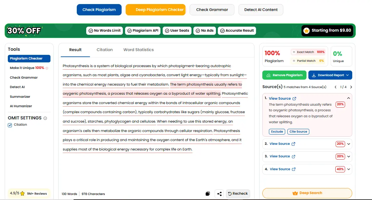 Small SEO Tools plagiarism result showing matched sentences and source links