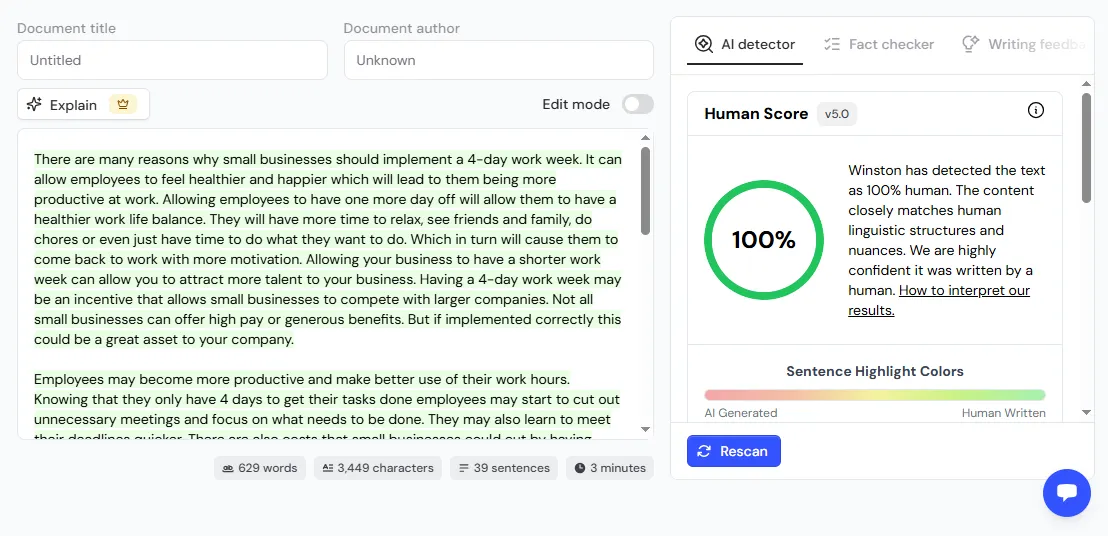 Winston AI, human sample (H1): 100% Human Score. Tested October 11, 2026.